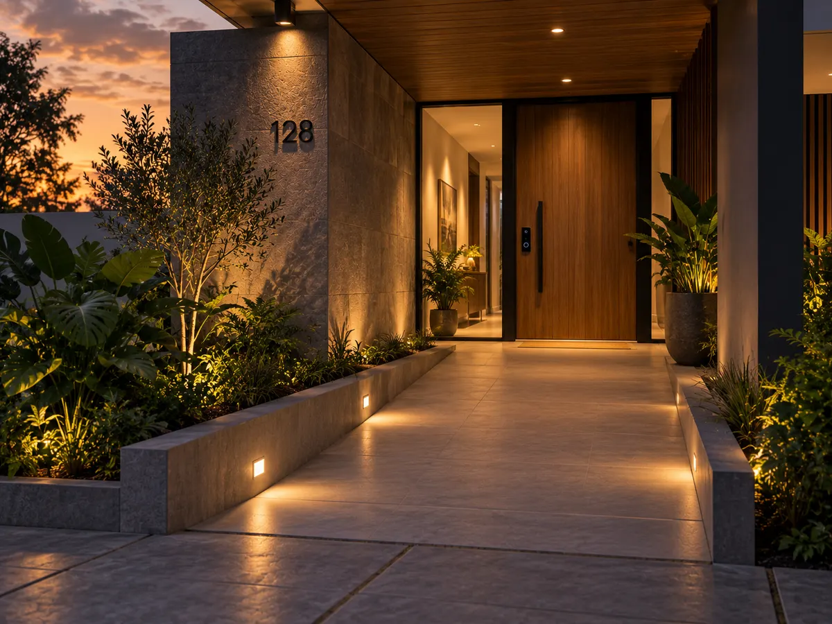 Entrada de casa contemporánea sin escalones al atardecer