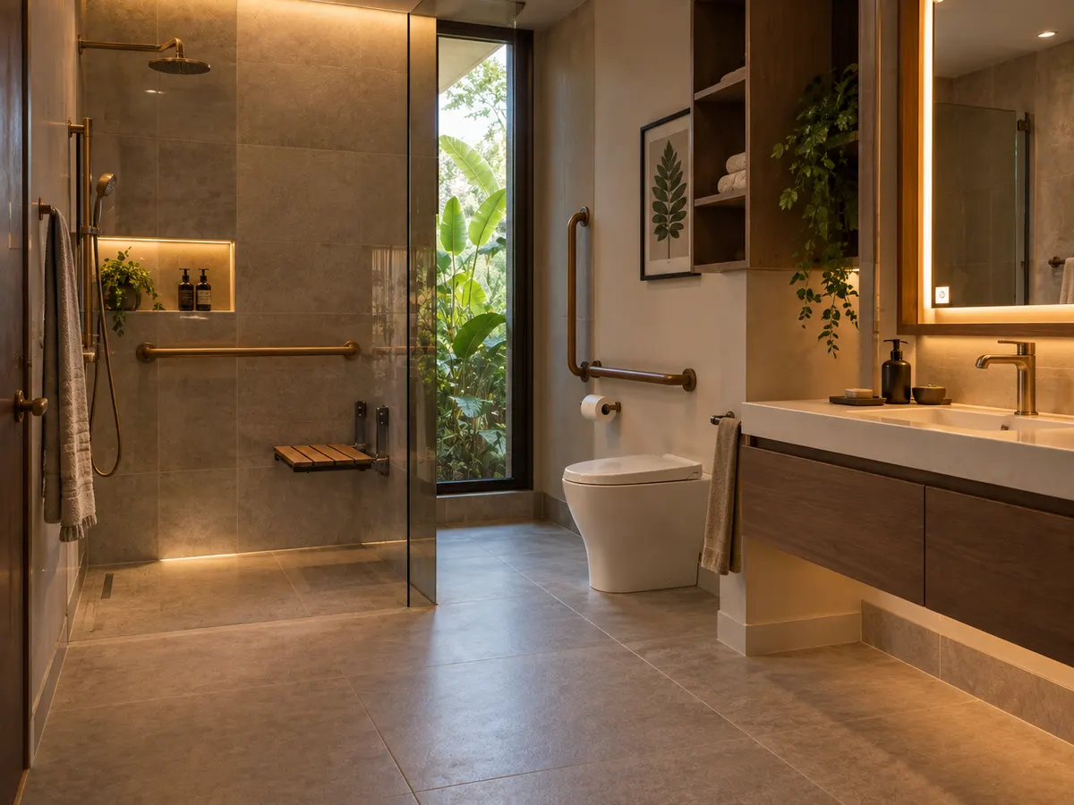 Baño accesible con ducha sin desnivel y apoyos integrados