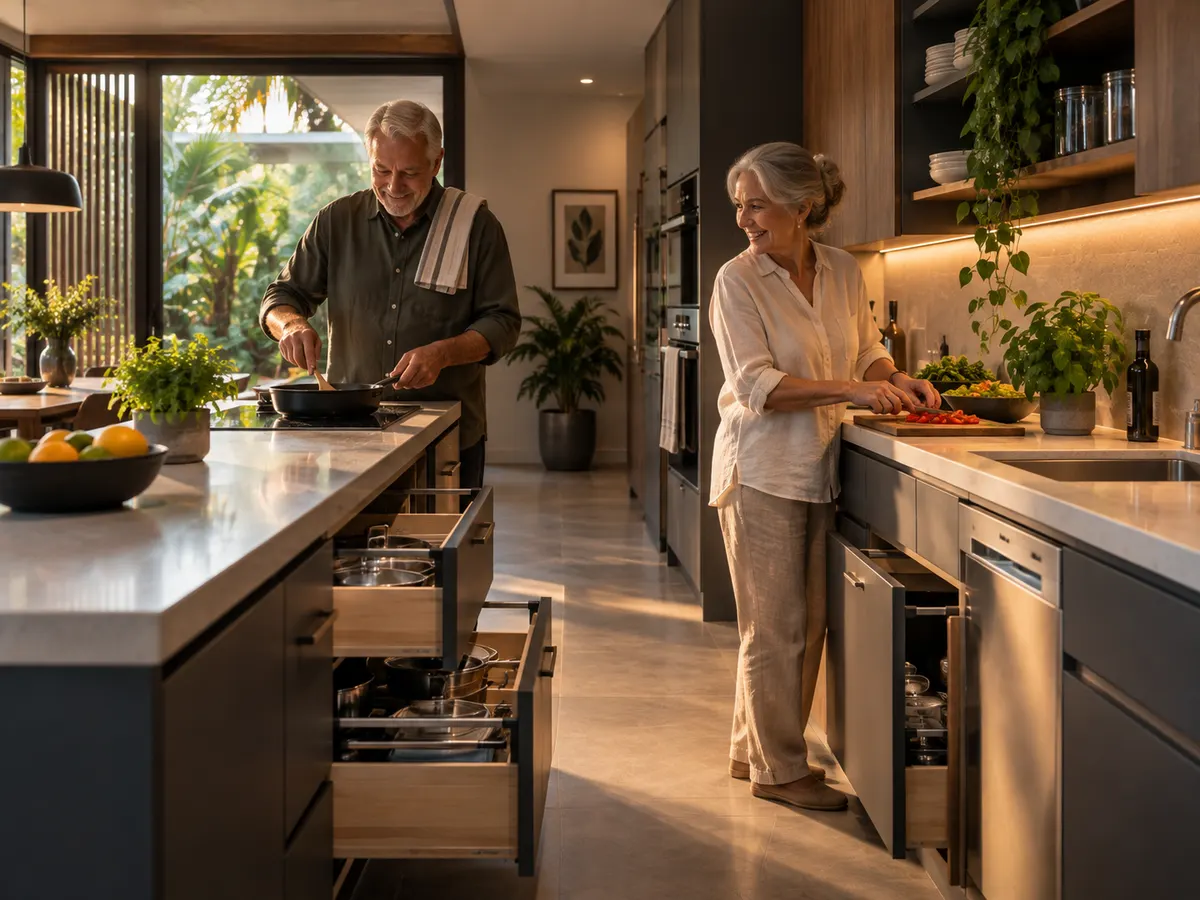 Pareja mayor cocinando juntos en una cocina accesible y luminosa
