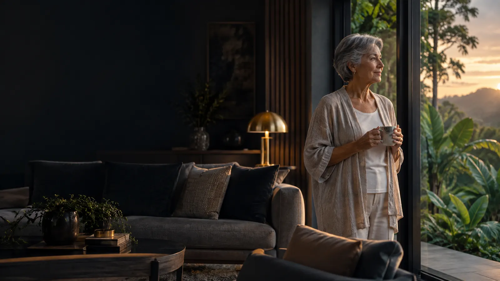 Mujer mayor activa disfrutando de la luz natural en una casa contemporánea